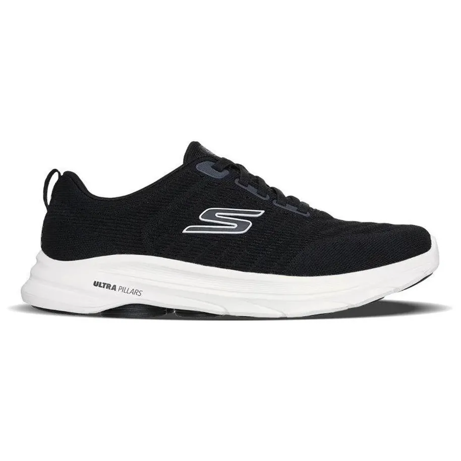Tênis Skechers Go Walk 8 Day preto e branco mostrando a lateral do calçado com detalhes do material e da marca